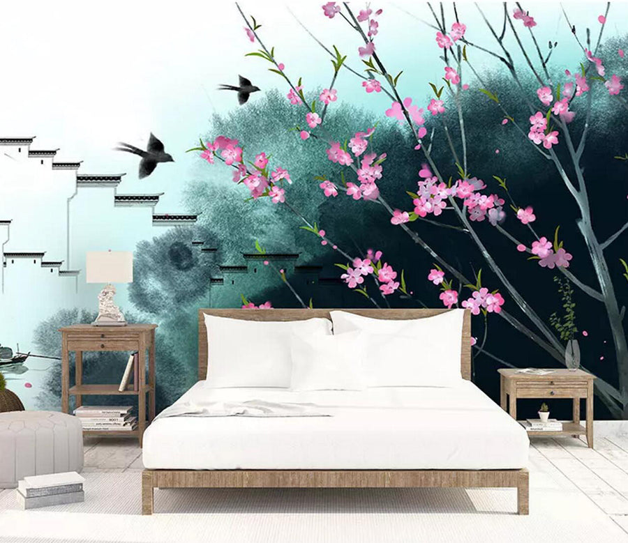 3D Plum Swallow WC593 Wall Murals