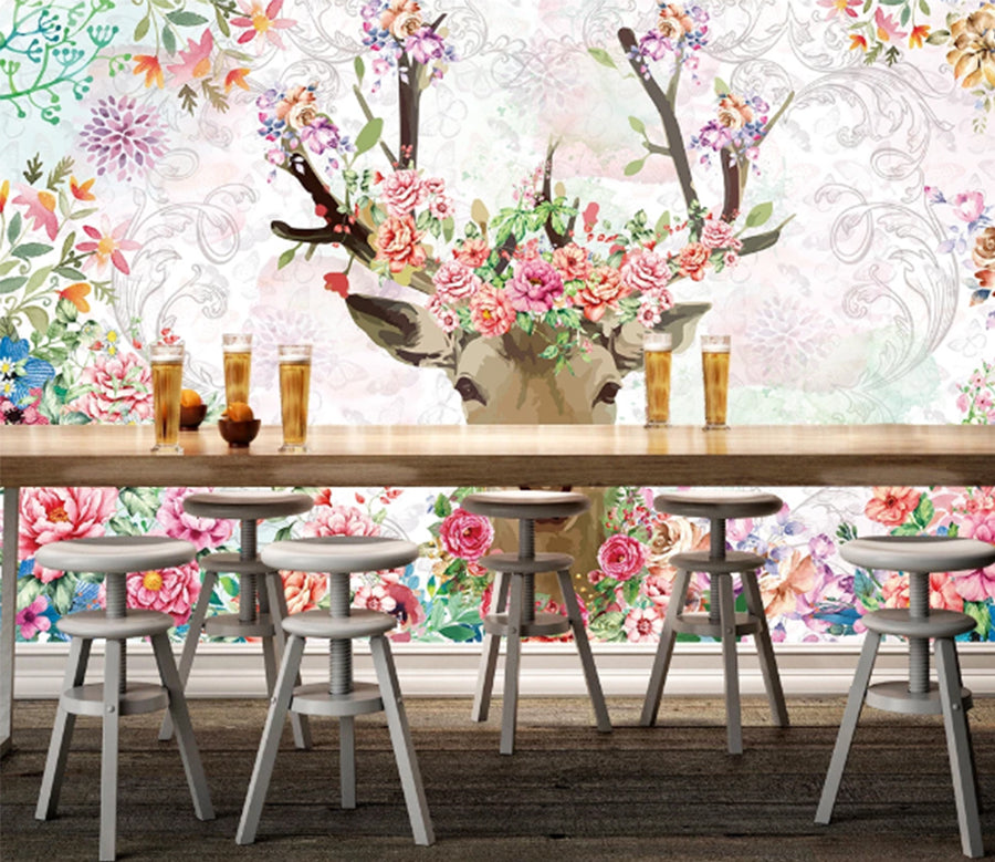 3D Peony Deer WC175 Wall Murals