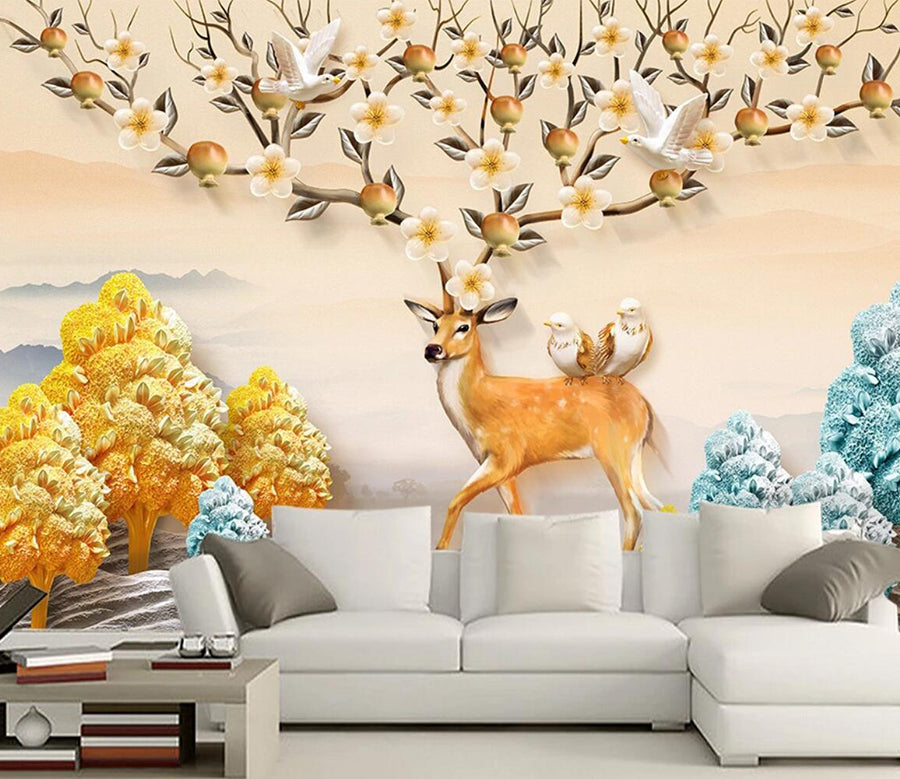 3D Golden Deer Bird WC430 Wall Murals