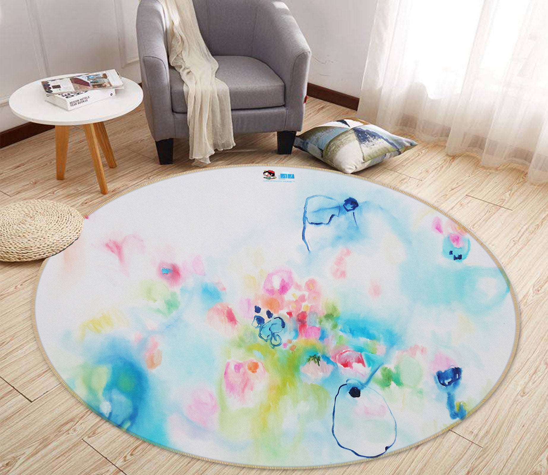 3D Pink Blue Flower 1395 Misako Chida Rug Round Non Slip Rug Mat