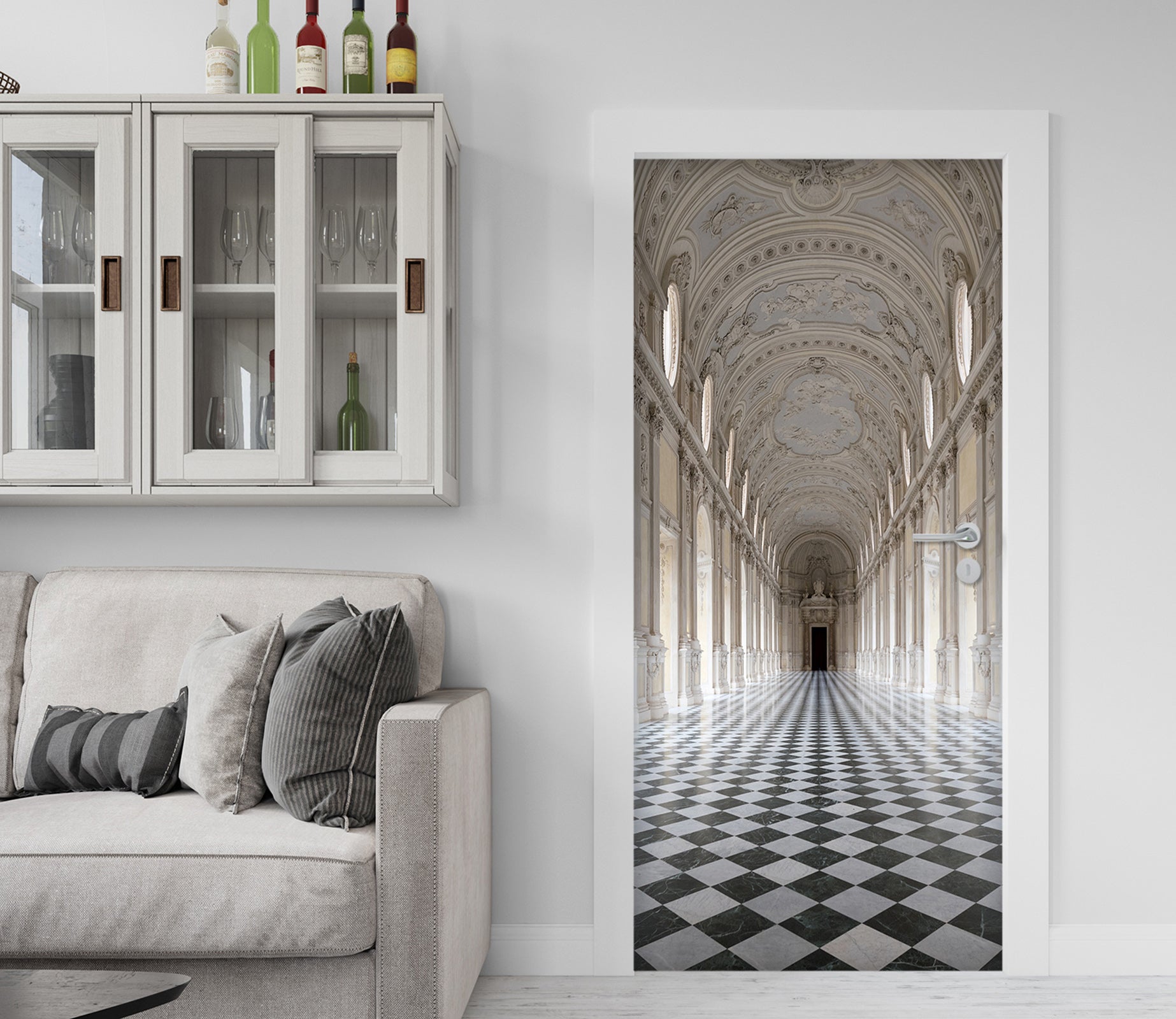 3D Black White Tile Corridor 22131 Door Mural