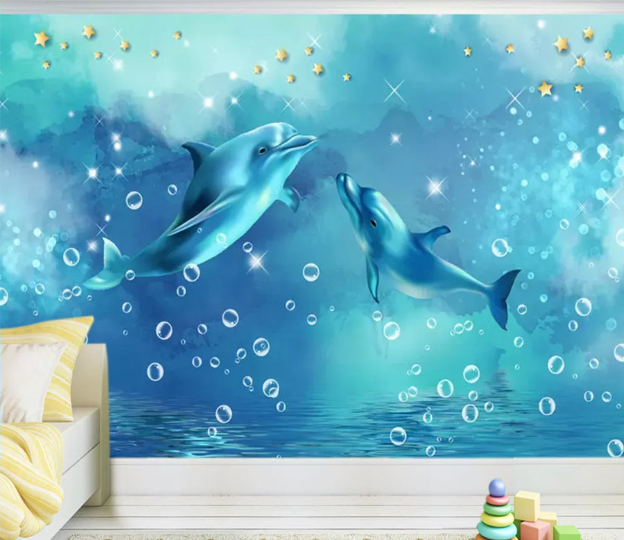 3D Dolphin Bubble WC732 Wall Murals