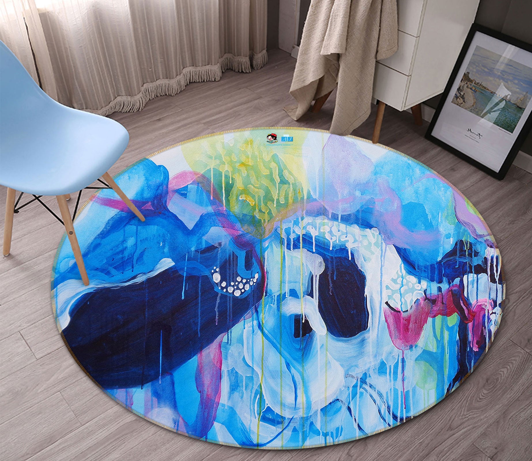 3D Blue Watercolor 1330 Misako Chida Rug Round Non Slip Rug Mat