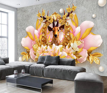 3D Peony Deer WC675 Wall Murals