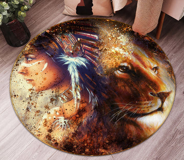 3D Lion Girl 37226 Animal Round Non Slip Rug Mat