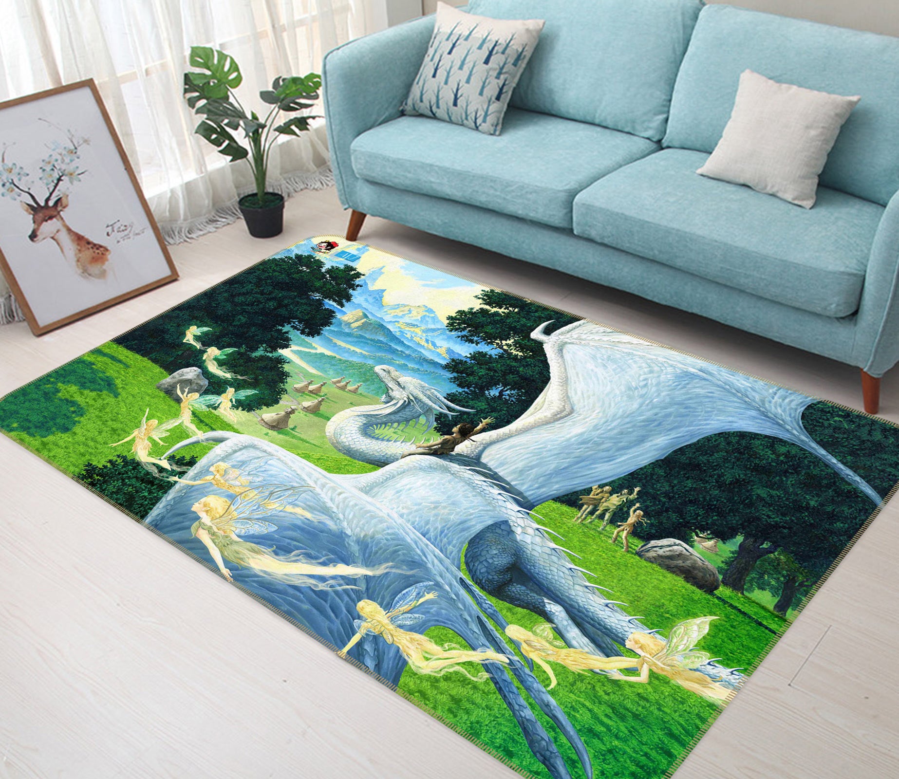 3D White Dragon Golden Elf Grassland 5156 Ciruelo Rug Non Slip Rug Mat