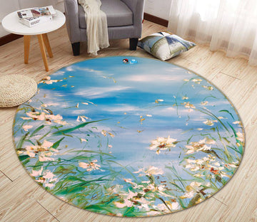 3D White Flower Grass 888 Skromova Marina Rug Round Non Slip Rug Mat