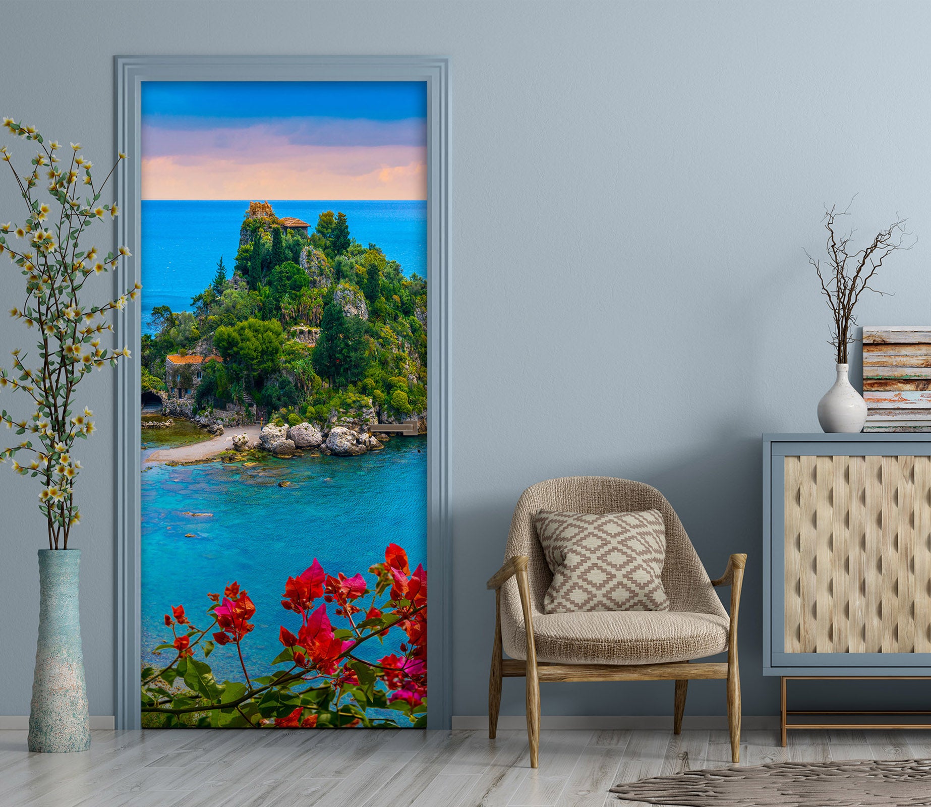 3D Island Red Flowers 12297 Marco Carmassi Door Mural