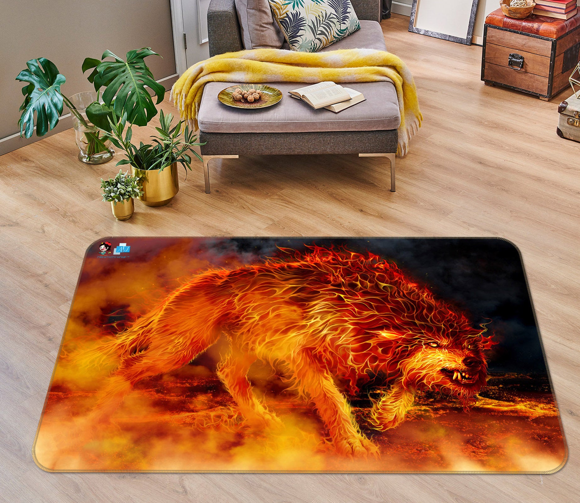 3D Flaming Wolf 4112 Tom Wood Rug Non Slip Rug Mat