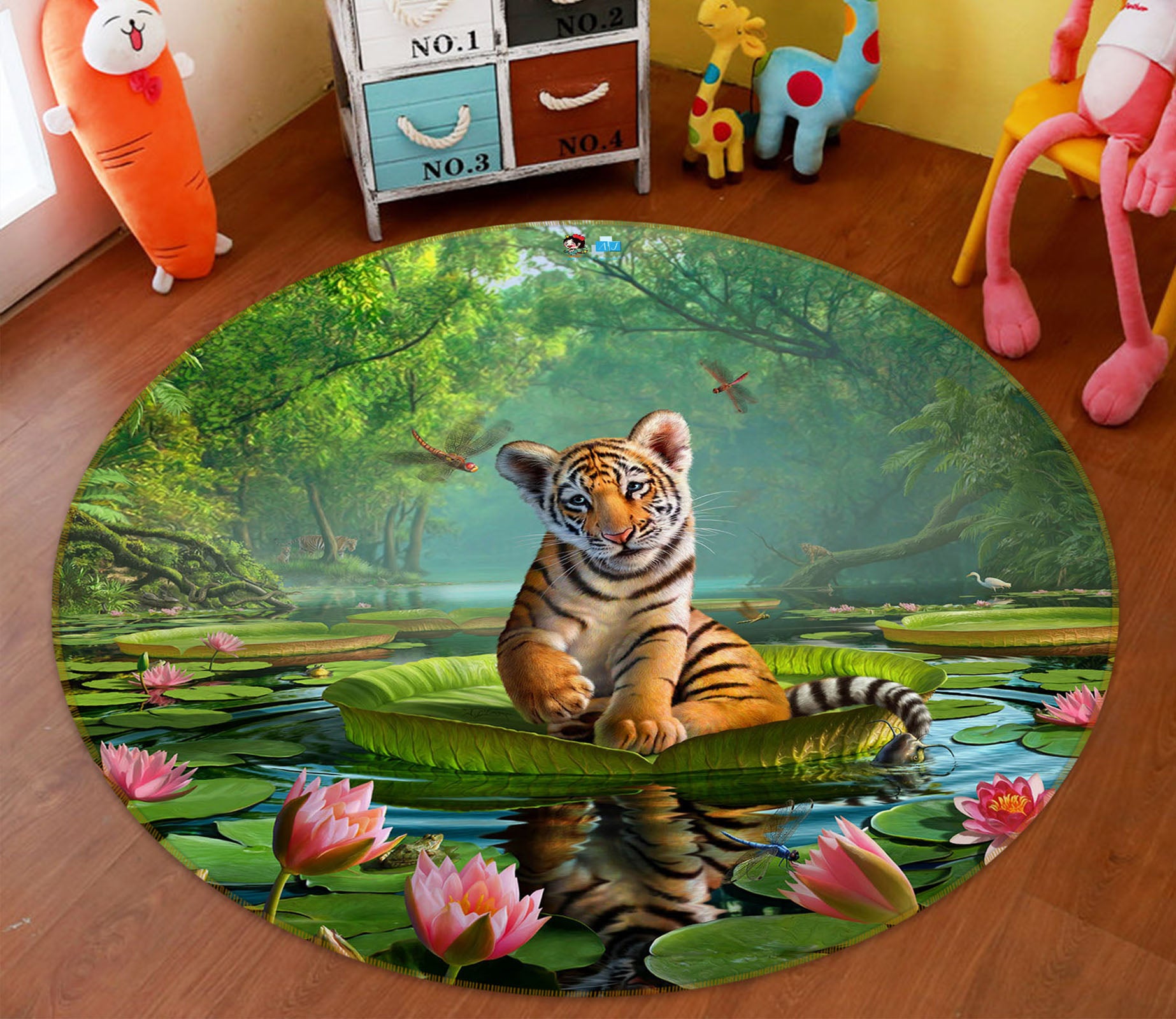 3D Little Tiger Lotus 83146 Jerry LoFaro Rug Round Non Slip Rug Mat