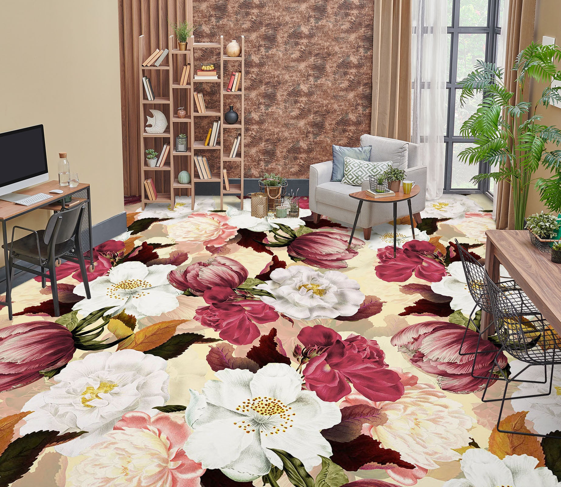 3D White Pink Flower Pattern 10013 Uta Naumann Floor Mural