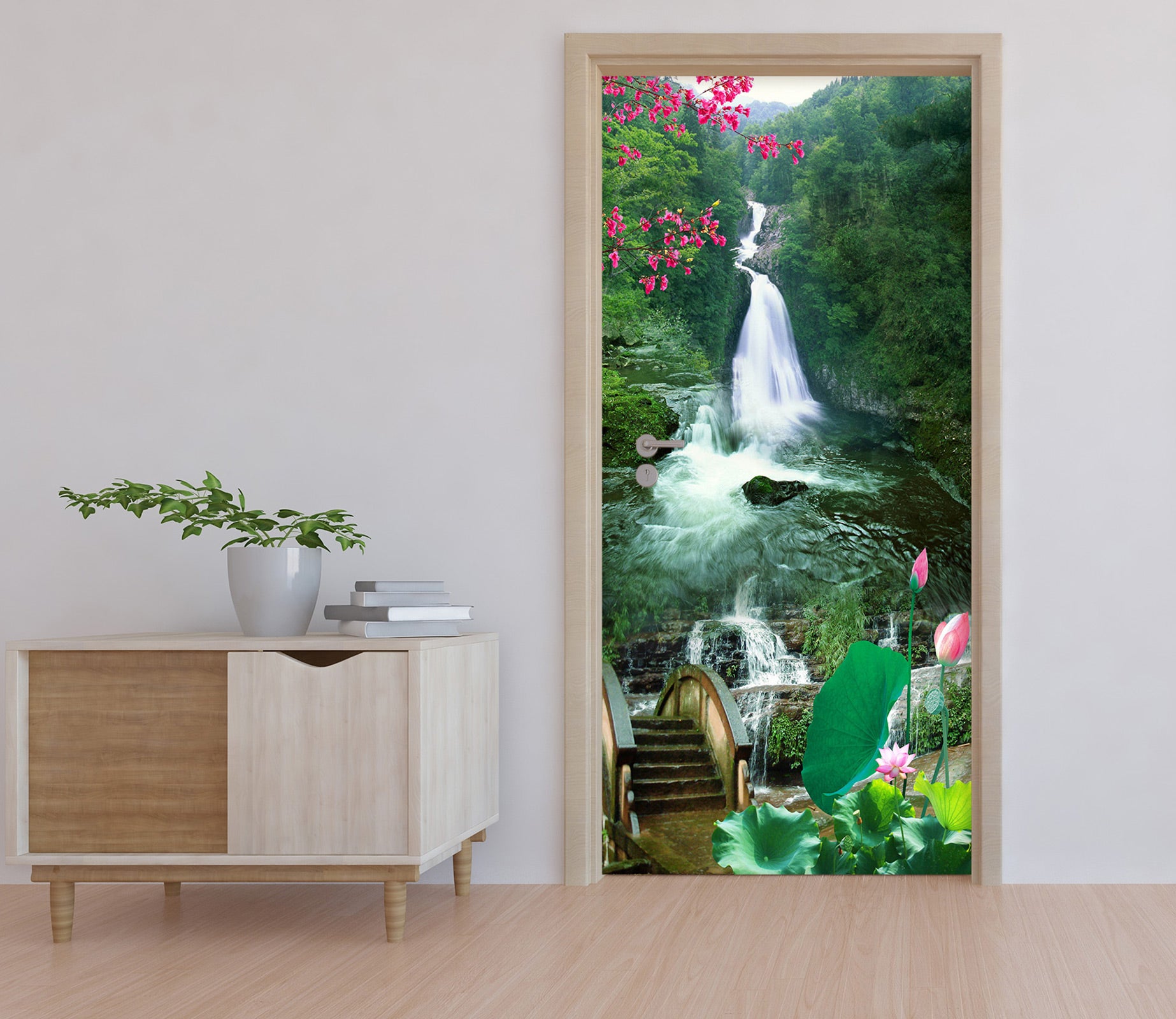 3D Waterfall Lotus 034 Door Mural