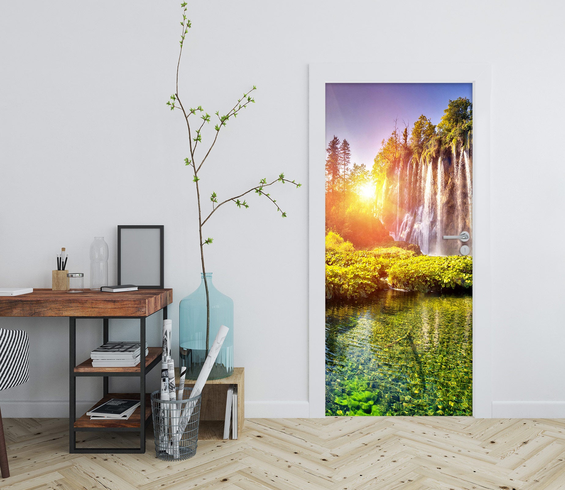 3D Sunset Waterfall 019 Door Mural