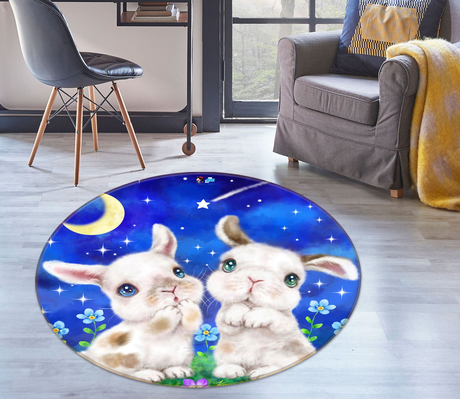 3D Moon Petals Bunny 6013 Kayomi Harai Rug Round Non Slip Rug Mat