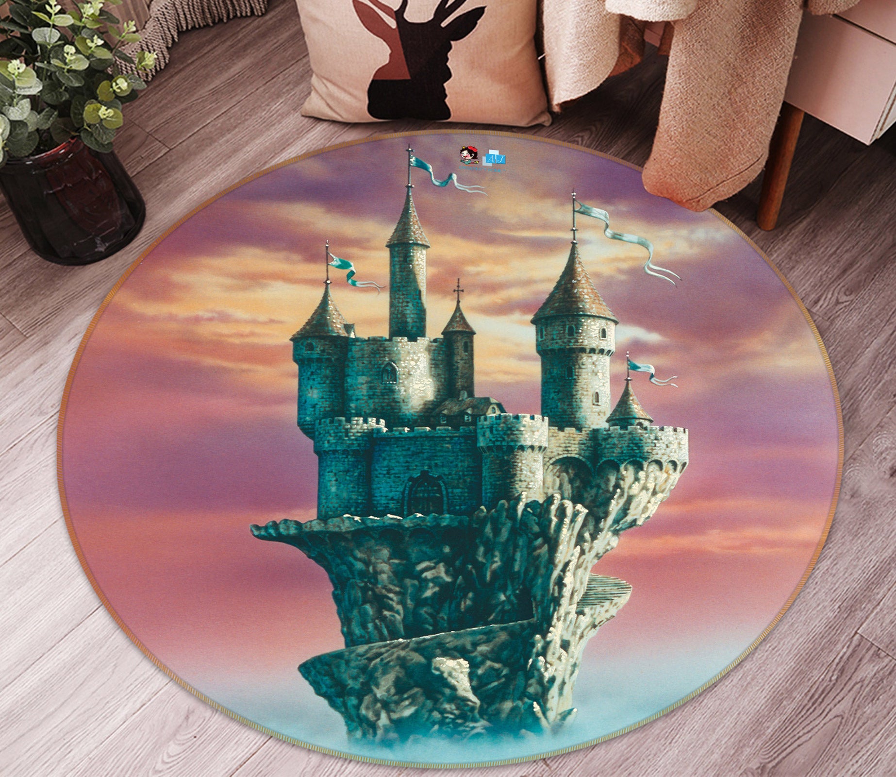 3D Sky Castle 6079 Ciruelo Rug Round Non Slip Rug Mat