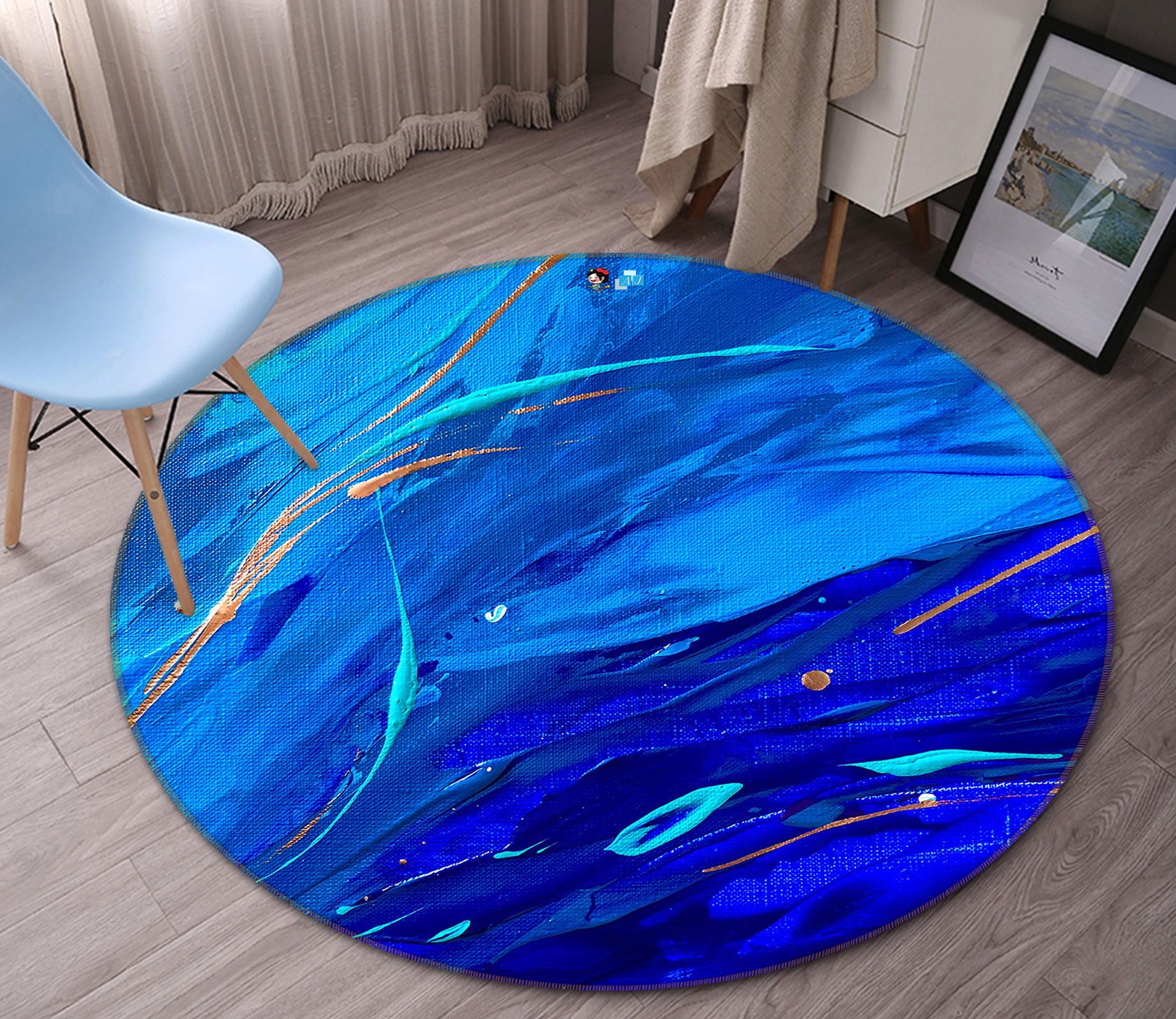 3D Navy Blue 739 Skromova Marina Rug Round Non Slip Rug Mat