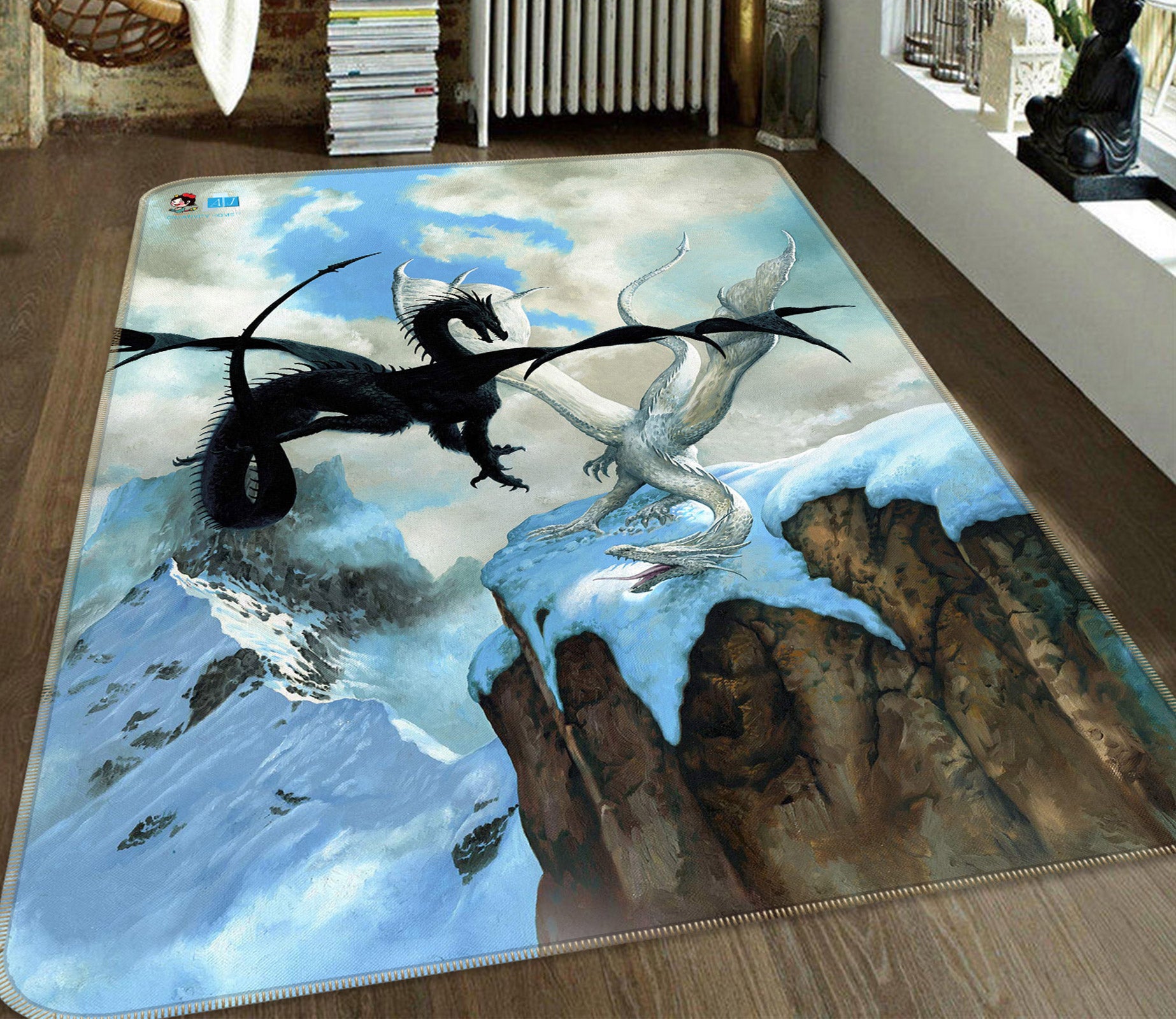 3D Black White Dragon Rock 6028 Ciruelo Rug Non Slip Rug Mat