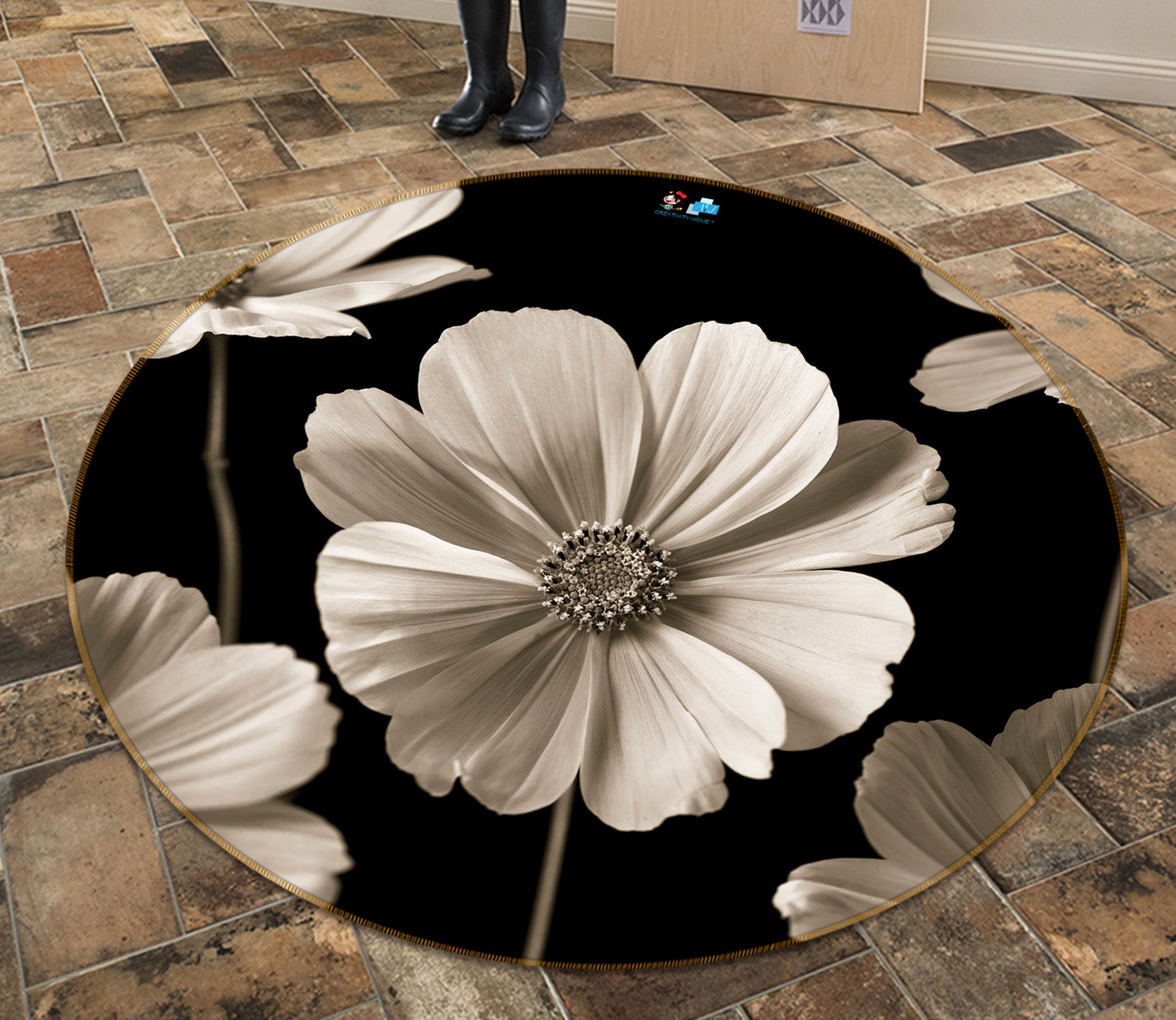 3D White Flowers 7307 Assaf Frank Rug Round Non Slip Rug Mat