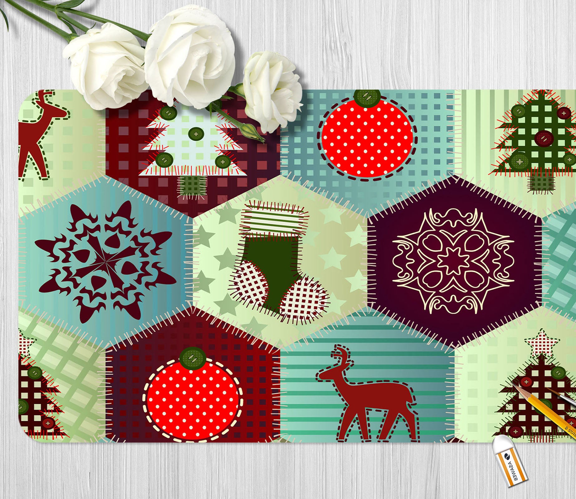 3D Snowflake Deer Hexagon 51195 Christmas Desk Mat Xmas