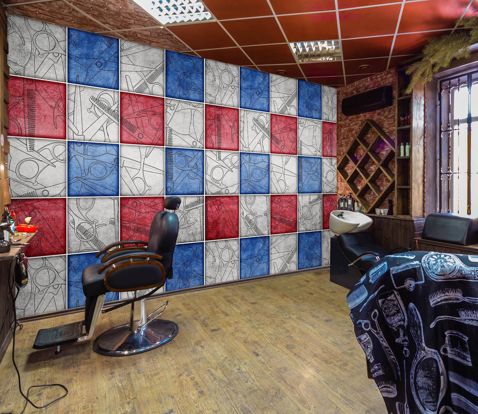 3D Blue Red Square Grid 115187 Barber Shop Wall Murals