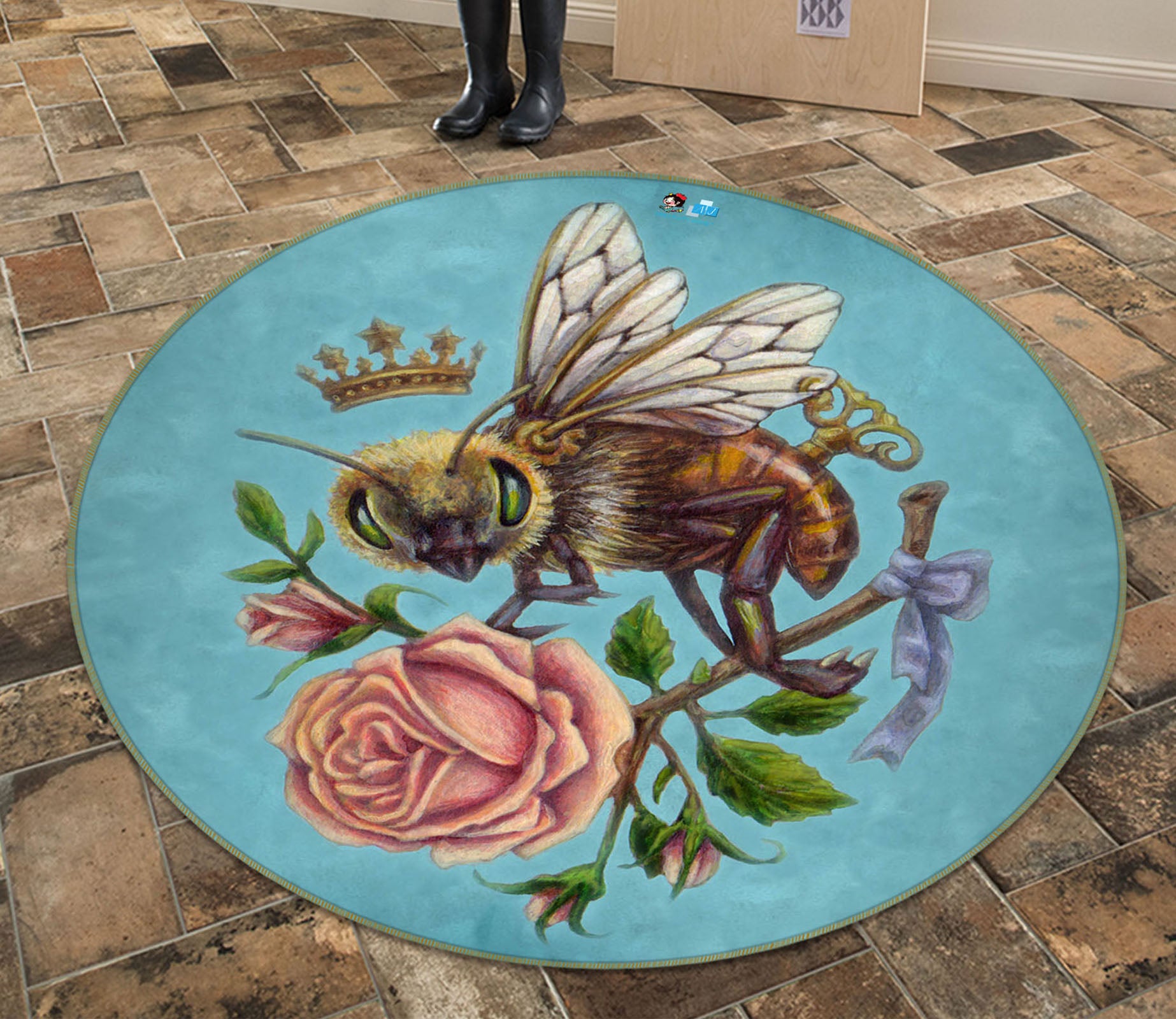 3D Pink Rose Bee 8909 Brigid Ashwood Rug Round Non Slip Rug Mat