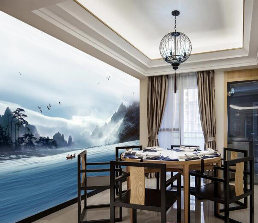 3D Mountain Boat WC749 Wall Murals