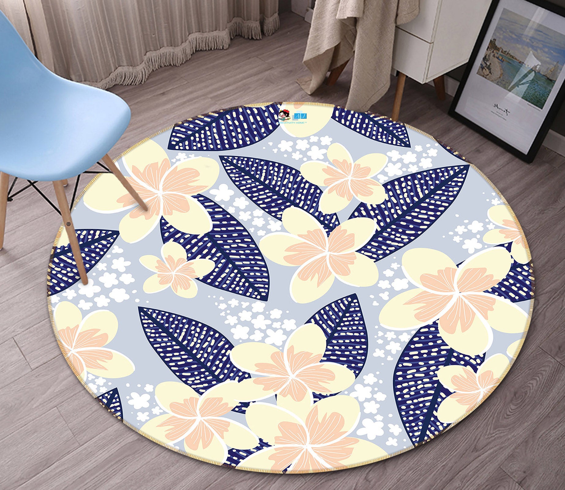 3D Yellow Flowers Dot Leaf 10510 Kashmira Jayaprakash Rug Round Non Slip Rug Mat