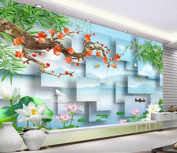 3D Lotus Crane Ship WC1762 Wall Murals