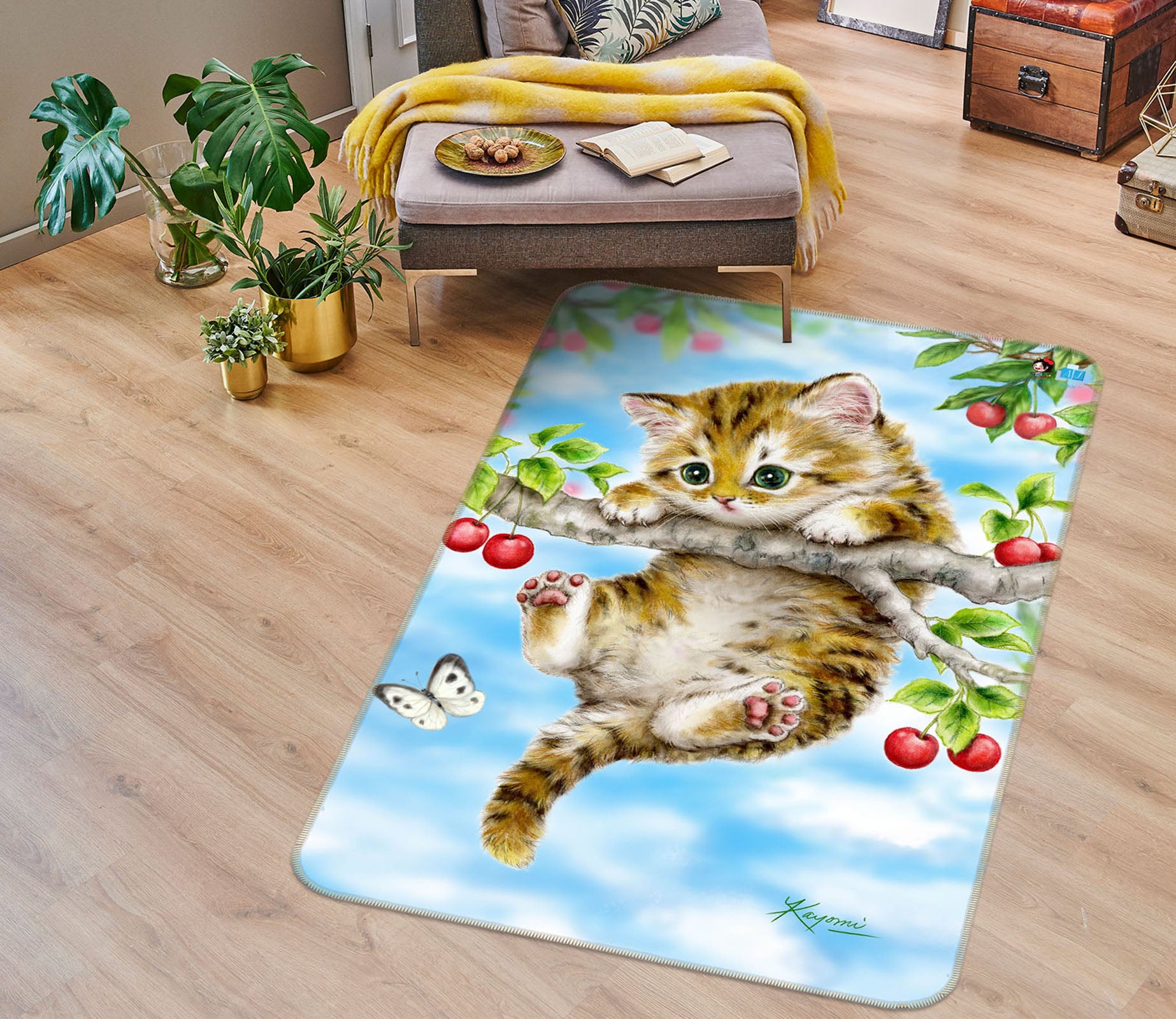 3D Cherry Cat Butterfly 5756 Kayomi Harai Rug Non Slip Rug Mat