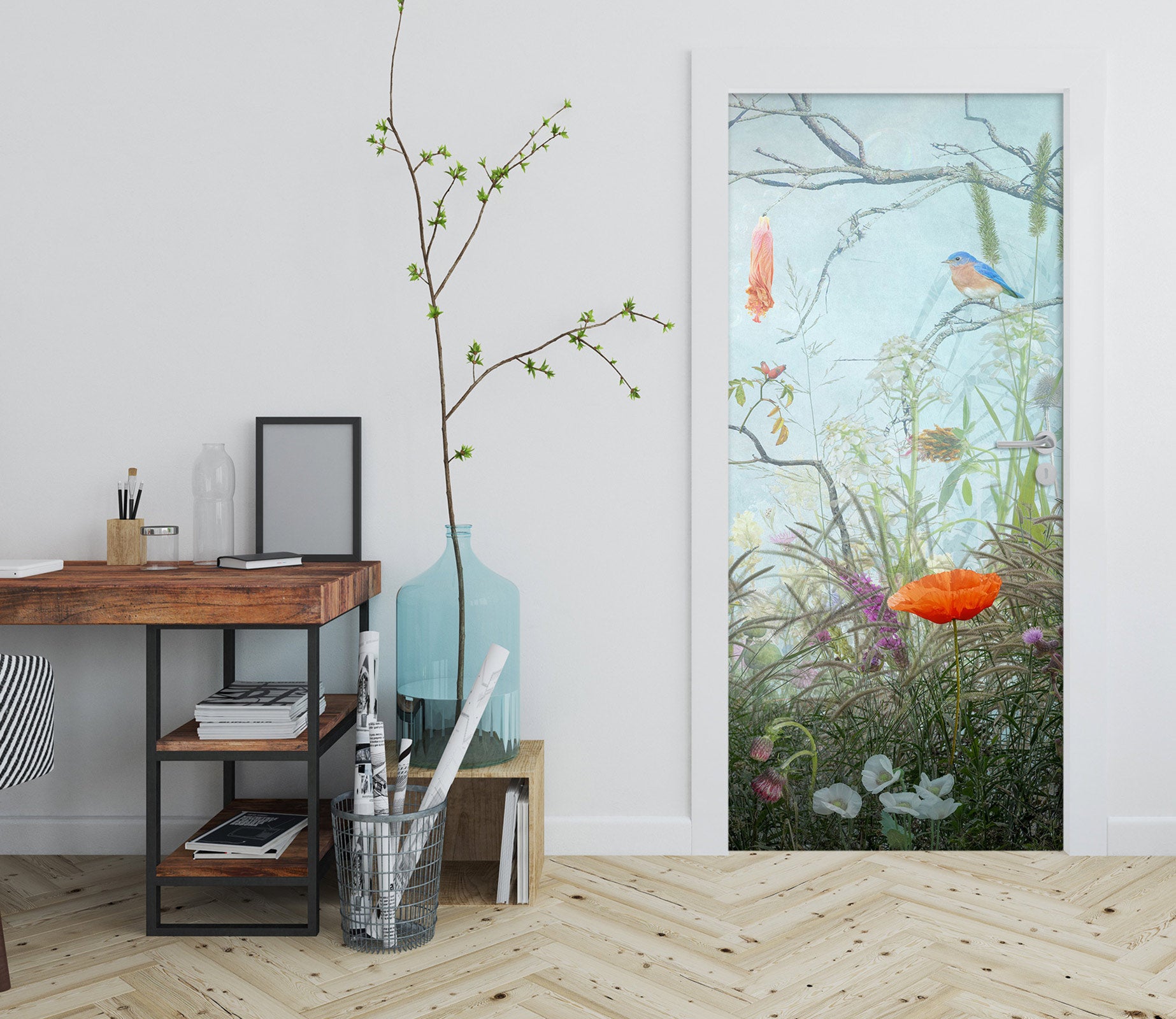 3D Flowers Grass Bird 107184 Beth Sheridan Door Mural