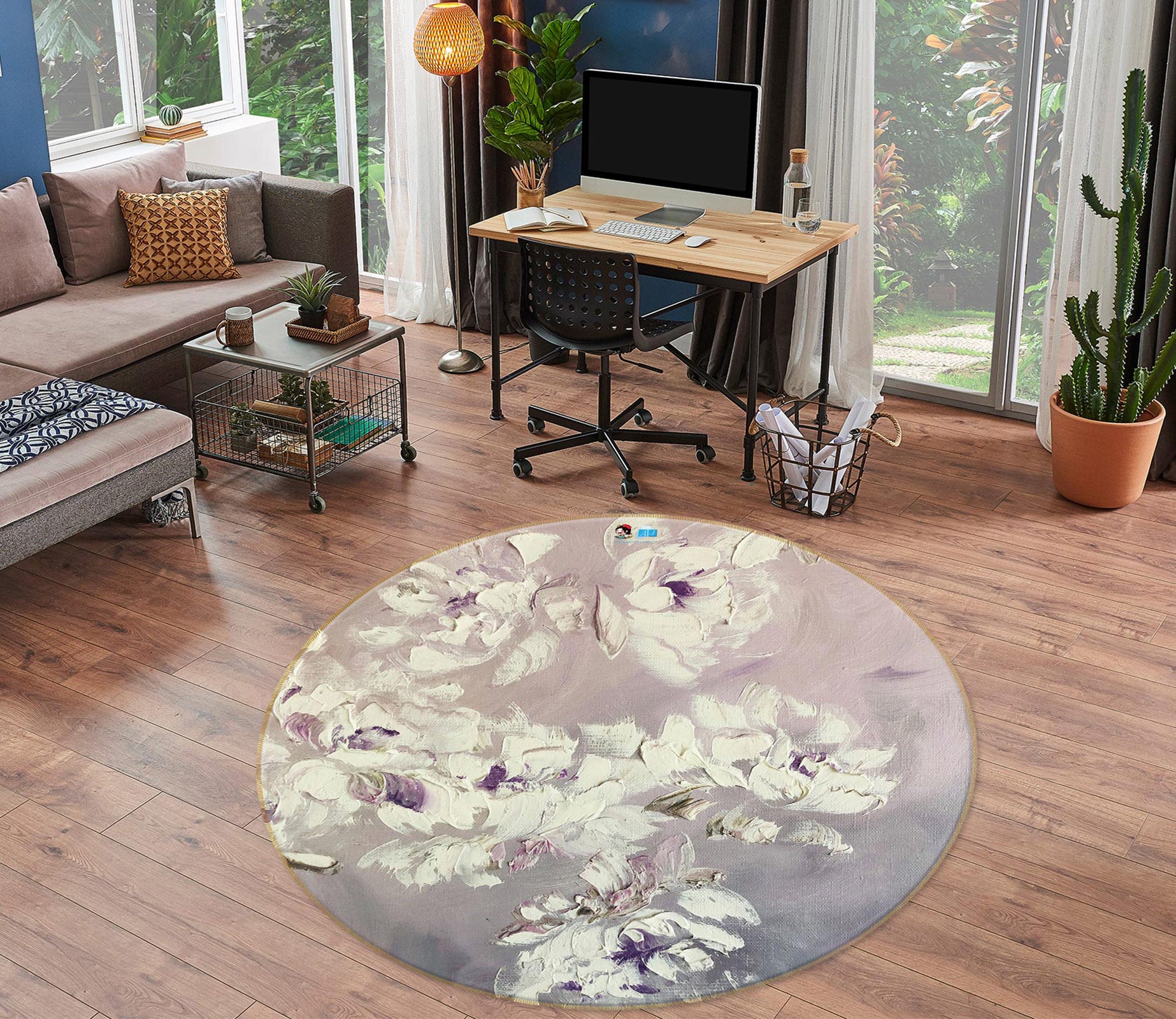 3D White Flower 814 Skromova Marina Rug Round Non Slip Rug Mat