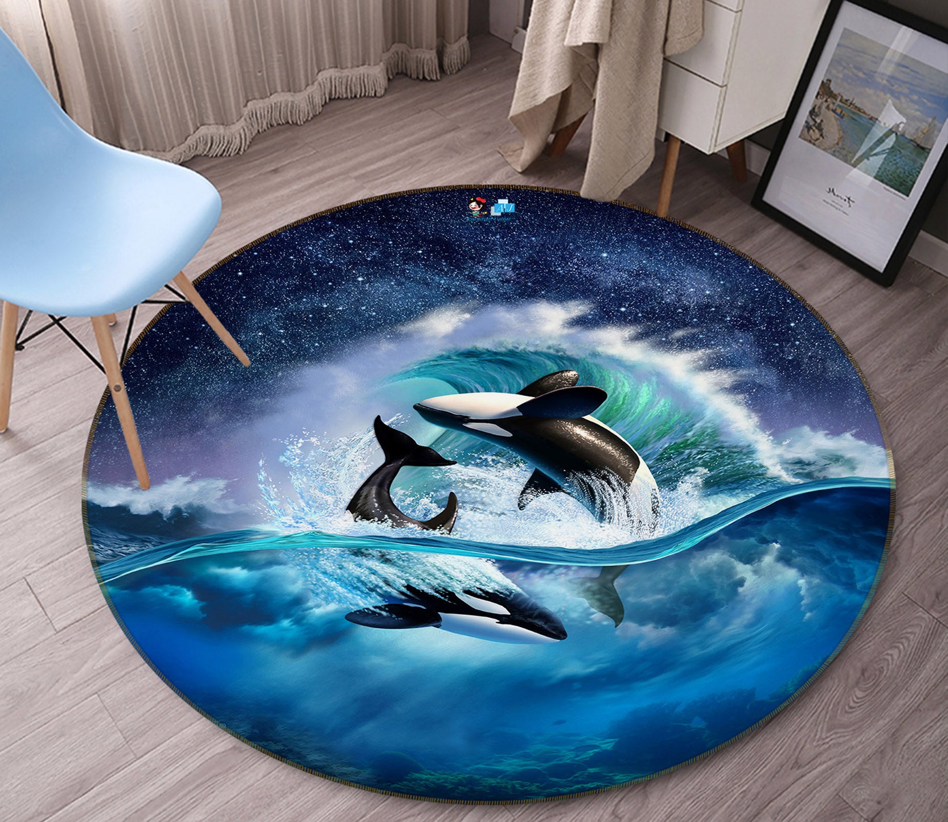 3D Waves Whale 83138 Jerry LoFaro Rug Round Non Slip Rug Mat