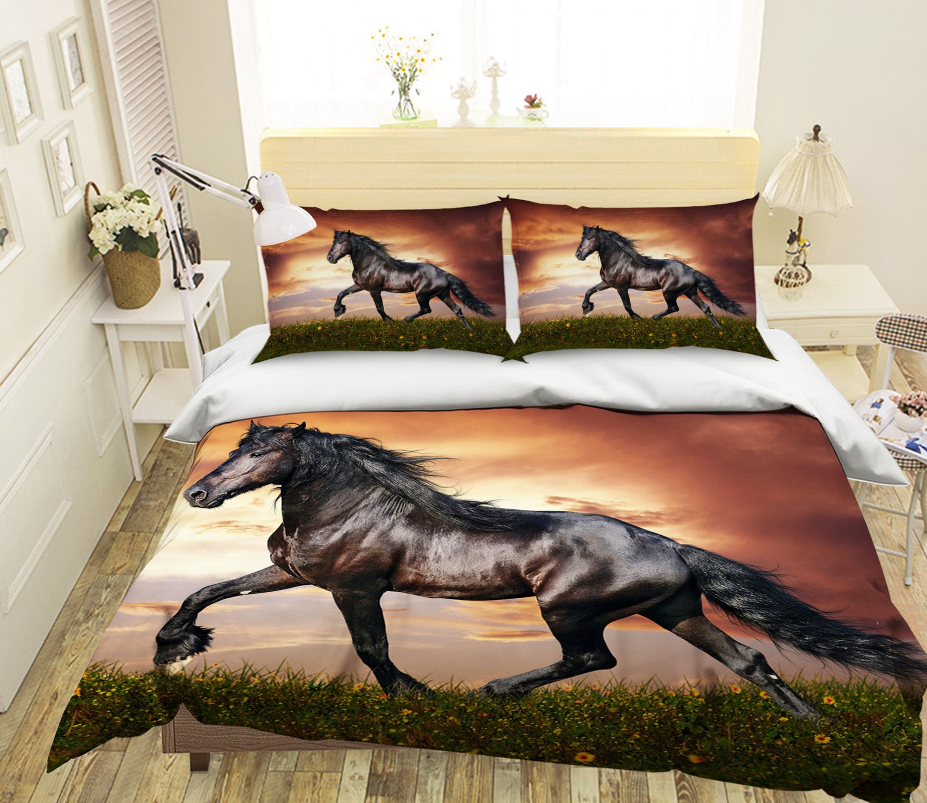 3D Sunset Lawn Horse 069 Bed Pillowcases Quilt