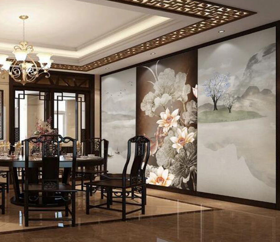 3D Lotus Goldfish Boat WC1351 Wall Murals