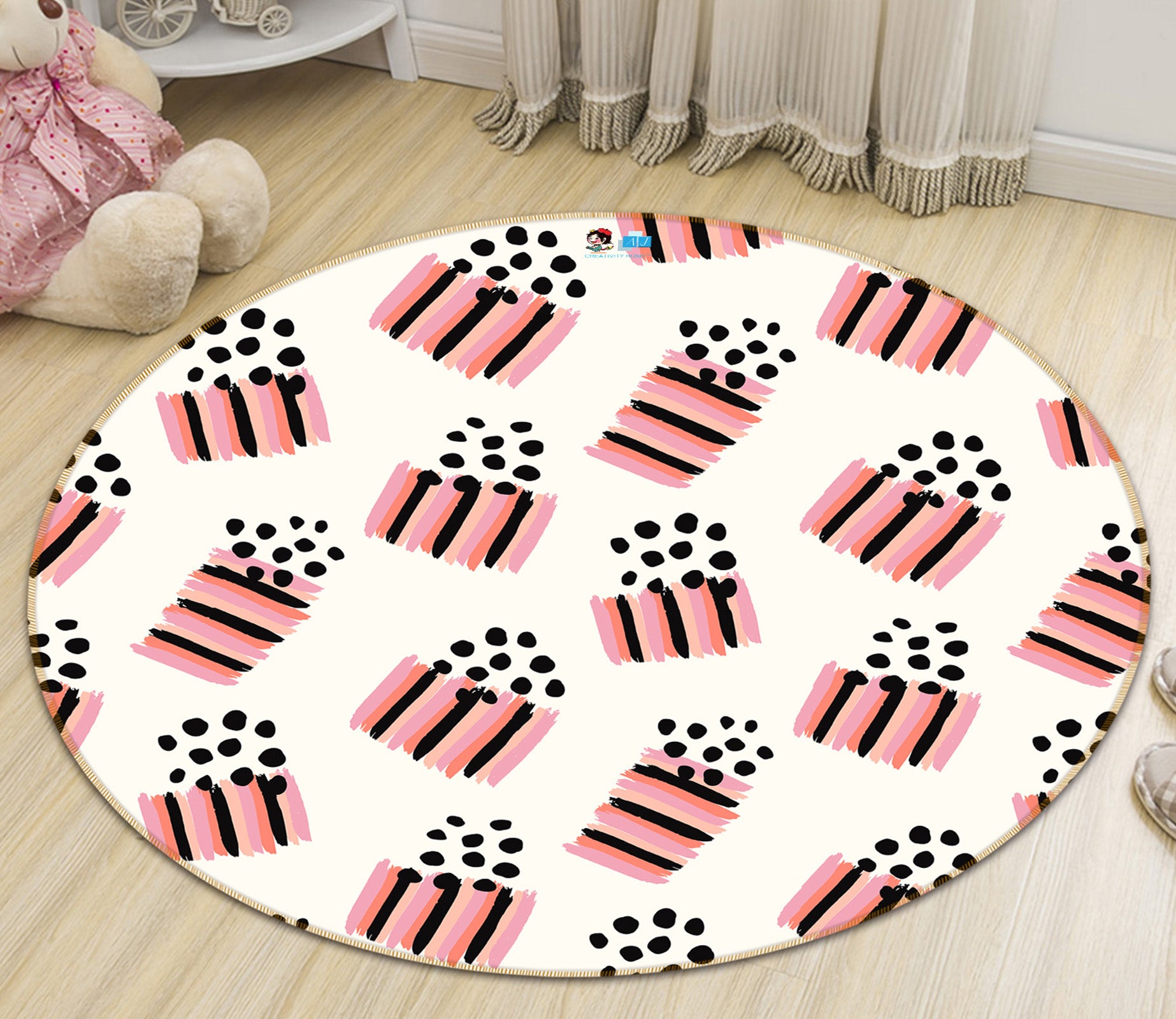 3D Pink Stripes Black Dots Pattern 10597 Kashmira Jayaprakash Rug Round Non Slip Rug Mat