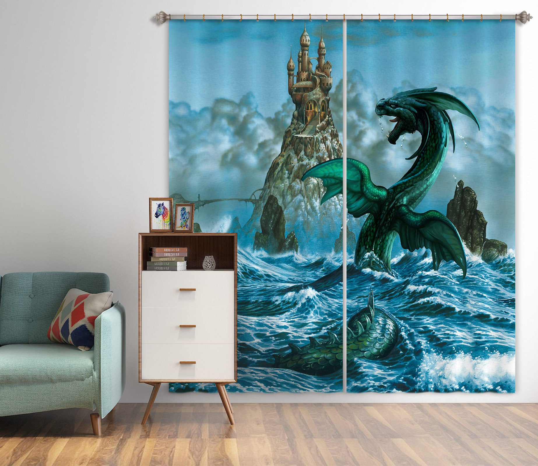 3D Wave Dragon Tower 7159 Ciruelo Curtain Curtains Drapes