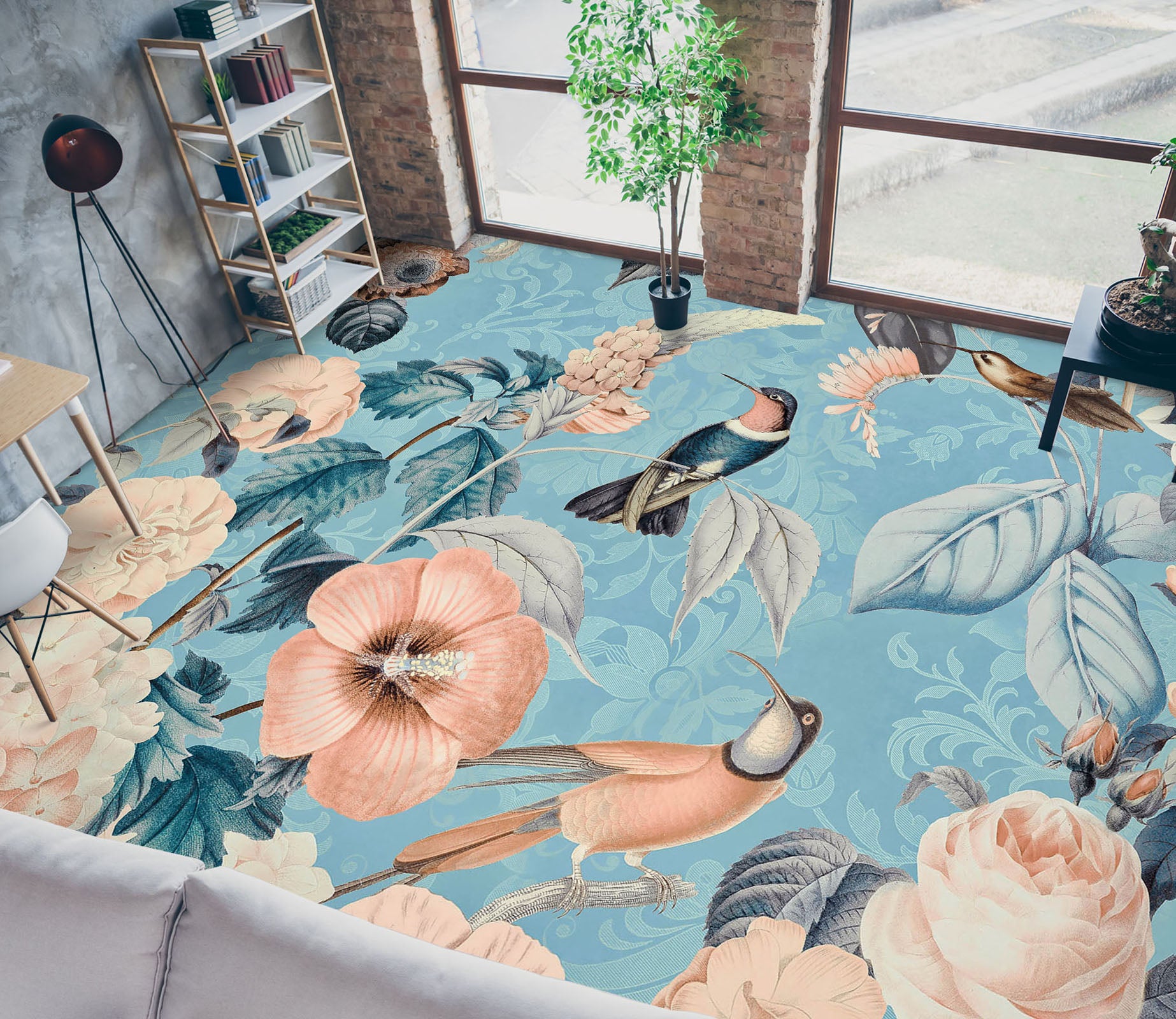 3D Flower Bird Blue 104152 Andrea Haase Floor Mural