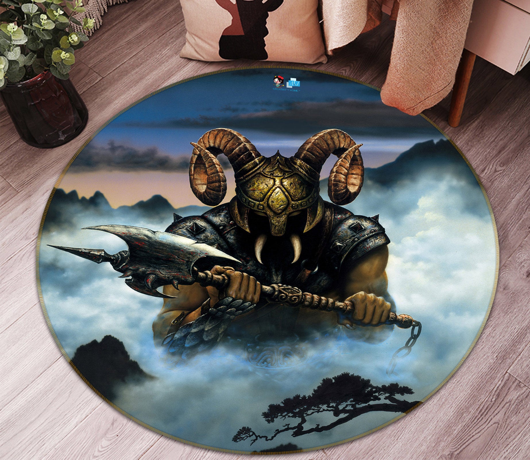 3D Bull Demon 454 Ciruelo Rug Round Non Slip Rug Mat