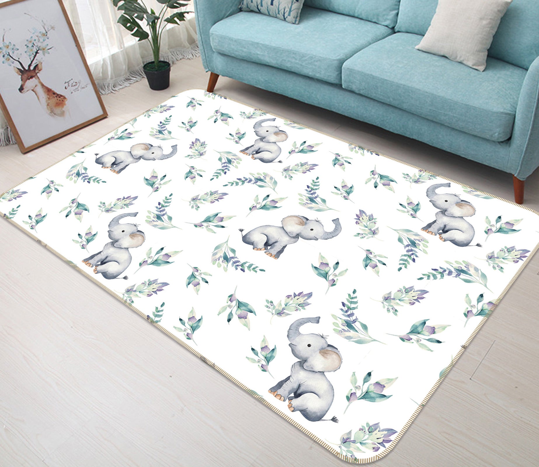 3D Elephant Flower 027 Uta Naumann Rug Non Slip Rug Mat