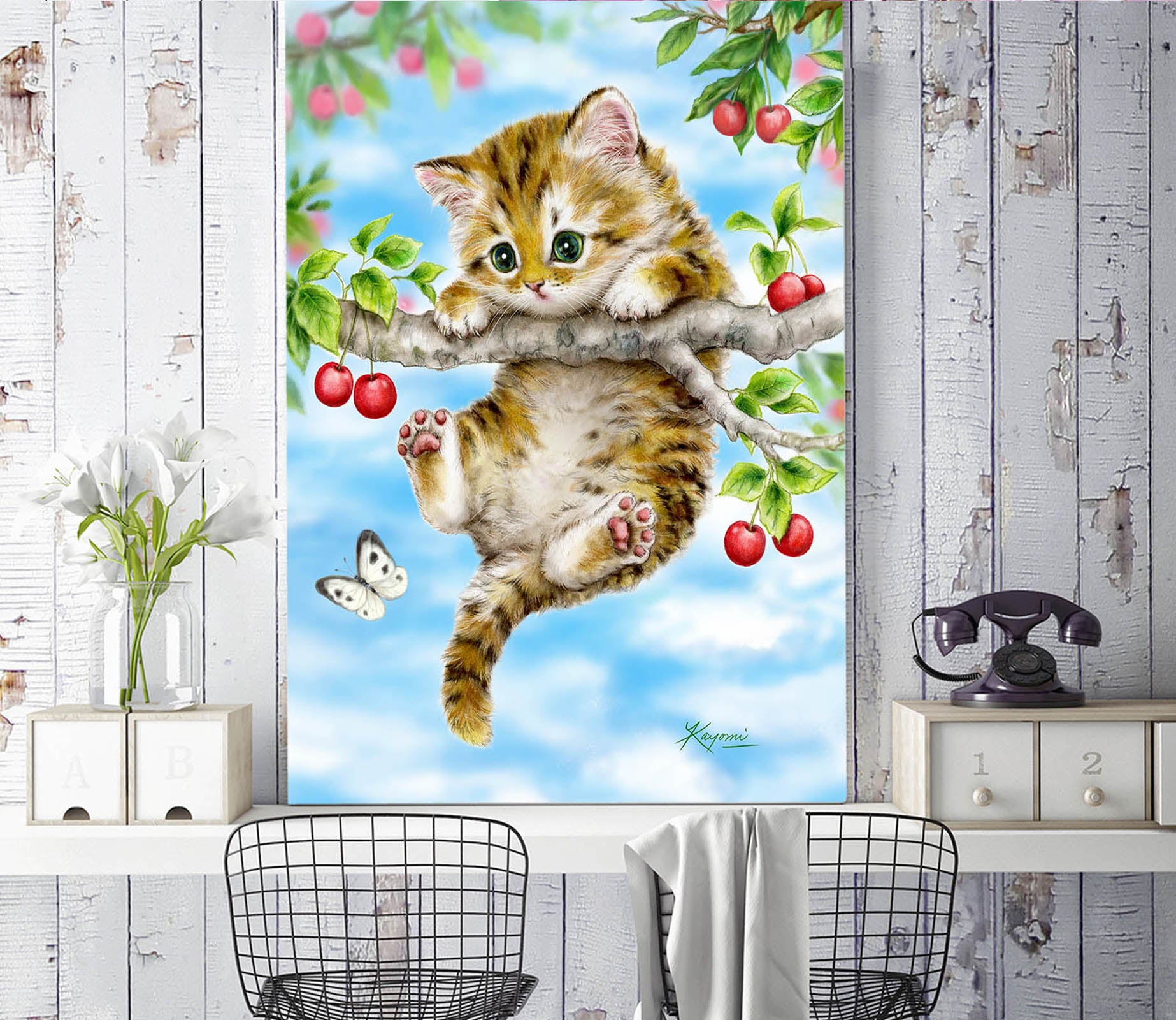 3D Cherry Cat Butterfly 5556 Kayomi Harai Wall Mural Wall Murals