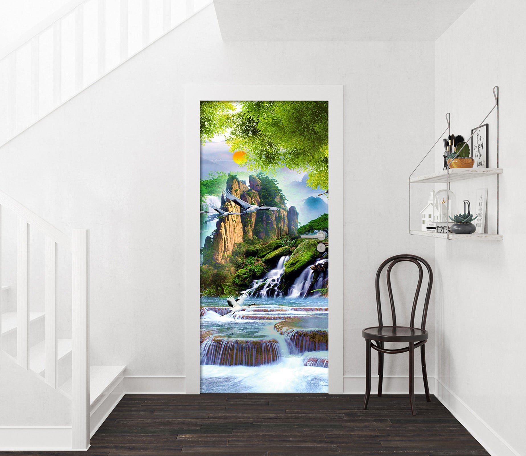 3D Sun Mountain Waterfall 202 Door Mural