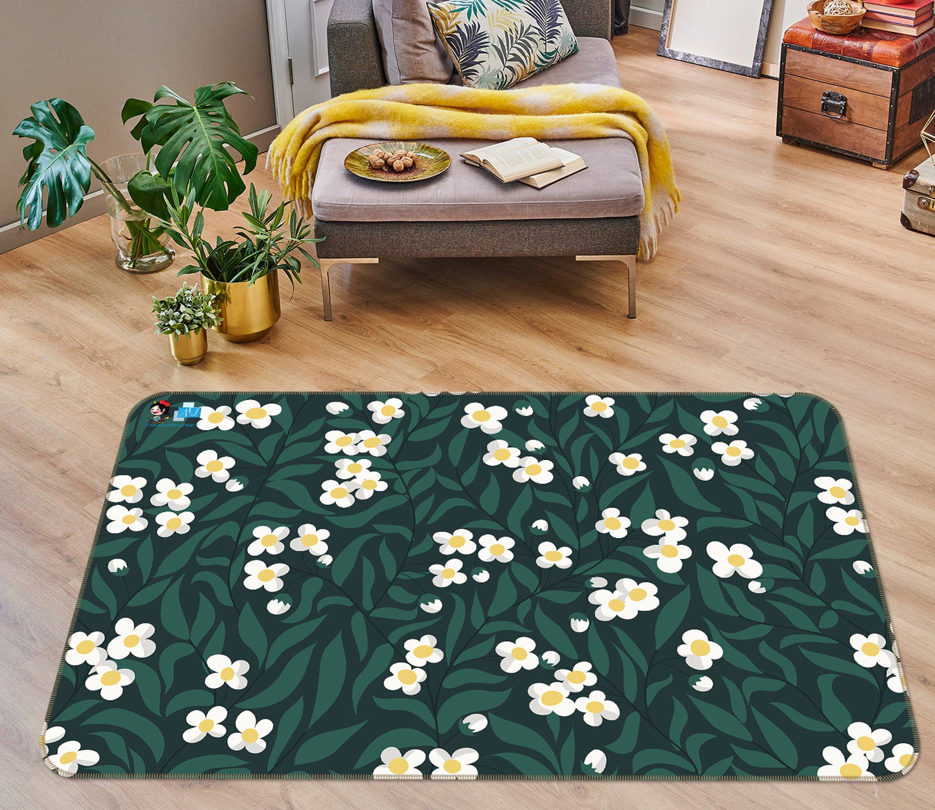 3D White Little Flower Leaves 107105 Kashmira Jayaprakash Rug Non Slip Rug Mat