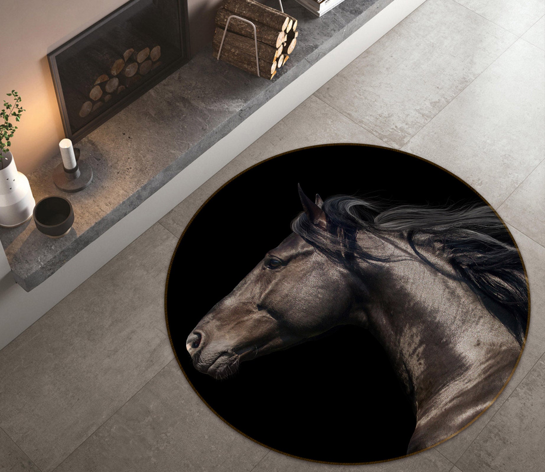 3D Dark Horse 37178 Animal Round Non Slip Rug Mat