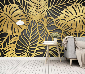 3D Golden Texture Leaves WC767 Wall Murals