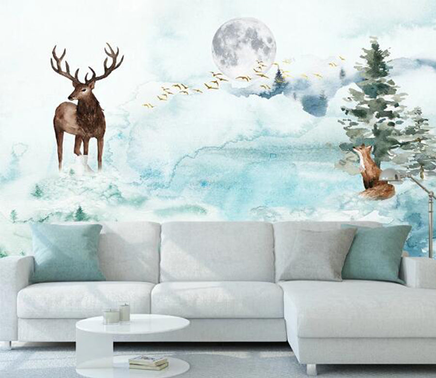 3D Moon Tree Deer WC1178 Wall Murals