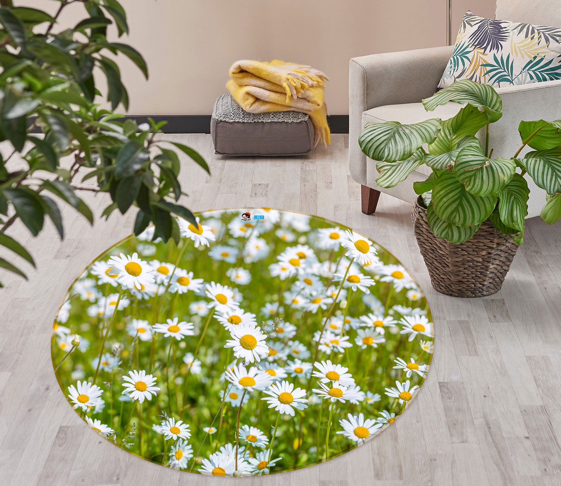 3D White Daisy 7562 Assaf Frank Rug Round Non Slip Rug Mat