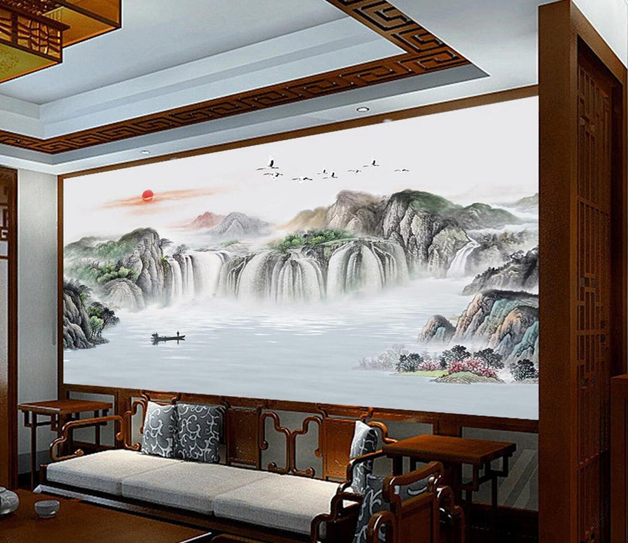 3D Sun Falls Lake WC2490 Wall Murals