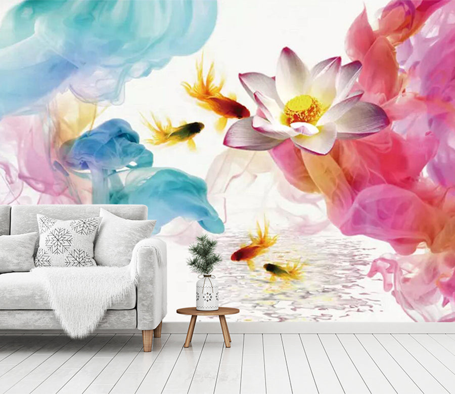 3D Smoke Lotus Fish WC461 Wall Murals