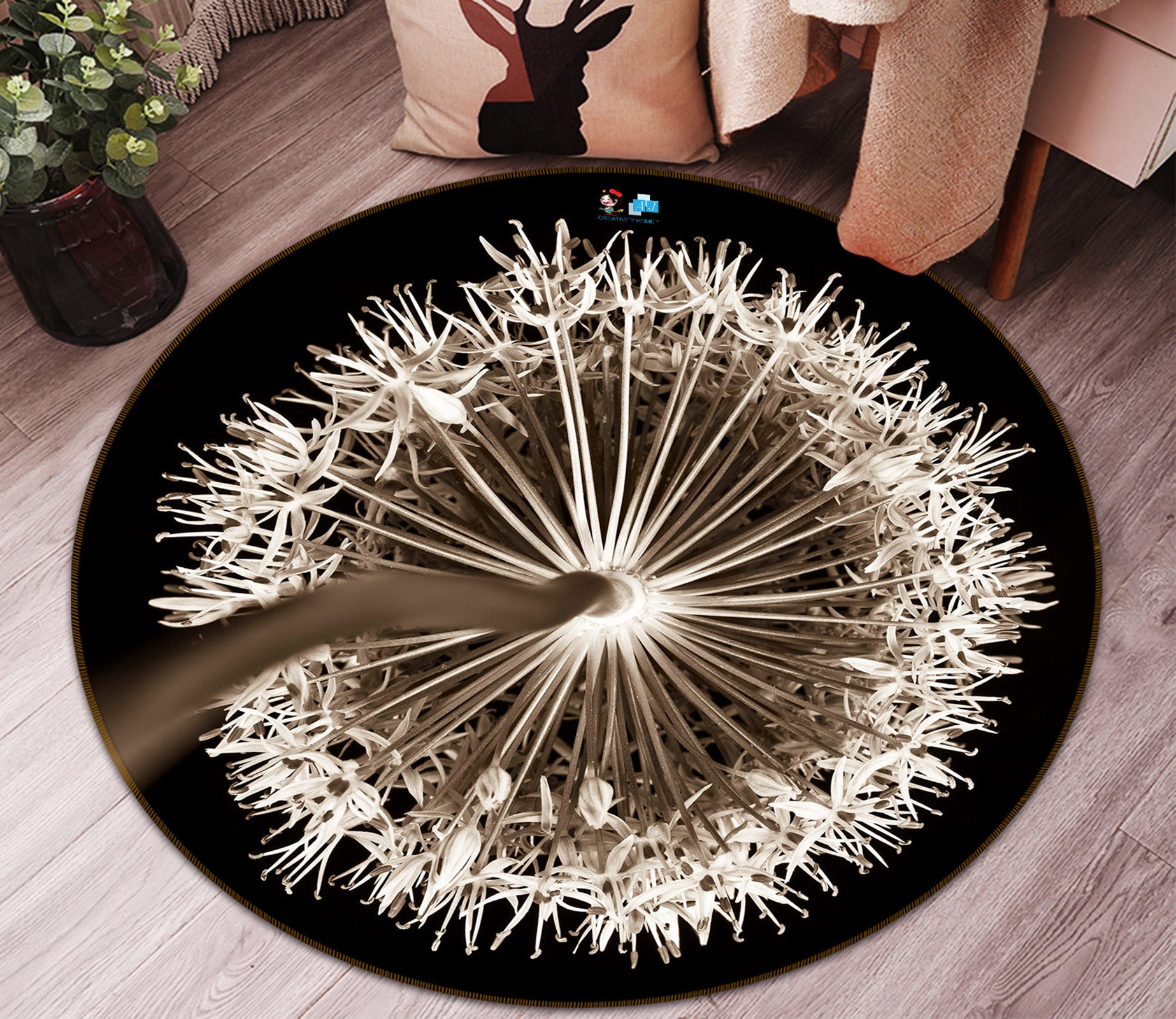 3D Gray Dandelion 7501 Assaf Frank Rug Round Non Slip Rug Mat