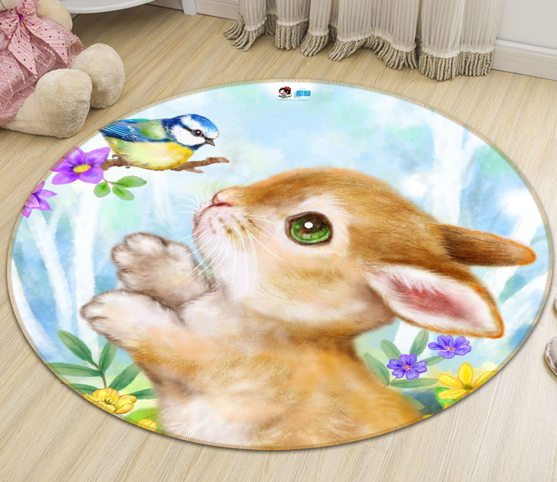 3D Rabbit Bird 6015 Kayomi Harai Rug Round Non Slip Rug Mat